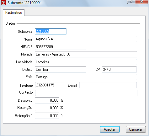 Parâmetros subconta.- Permite mostrar e modificar os dados do cliente ou fornecedor que se encontram associados à factura.