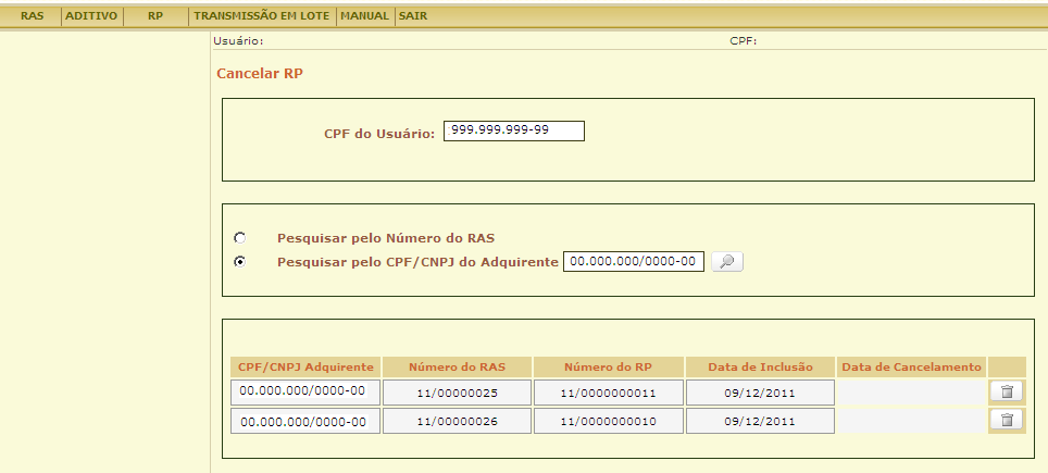 Selecionada a opção Pesquisar pelo CPF/CNPJ do Adquirente, preencha o CPF/CNPJ do adquirente, ainda que seja o mesmo CPF do usuário.