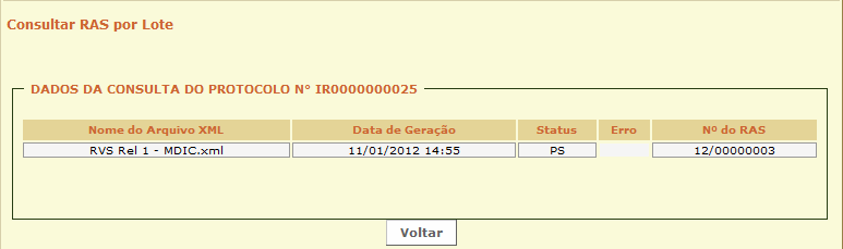 5) PS Processado com Sucesso: o lote foi recebido e processado. Todos os arquivos que estavam como EP passaram para o status PS.