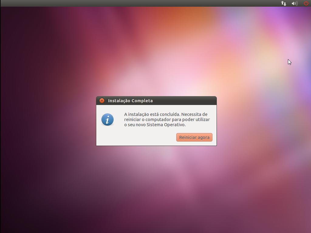 10 Tutorial de instalação e partilha de ficheiros no Ubuntu Passo 12 - No final da instalação vai-nos ser pedido para reiniciar o