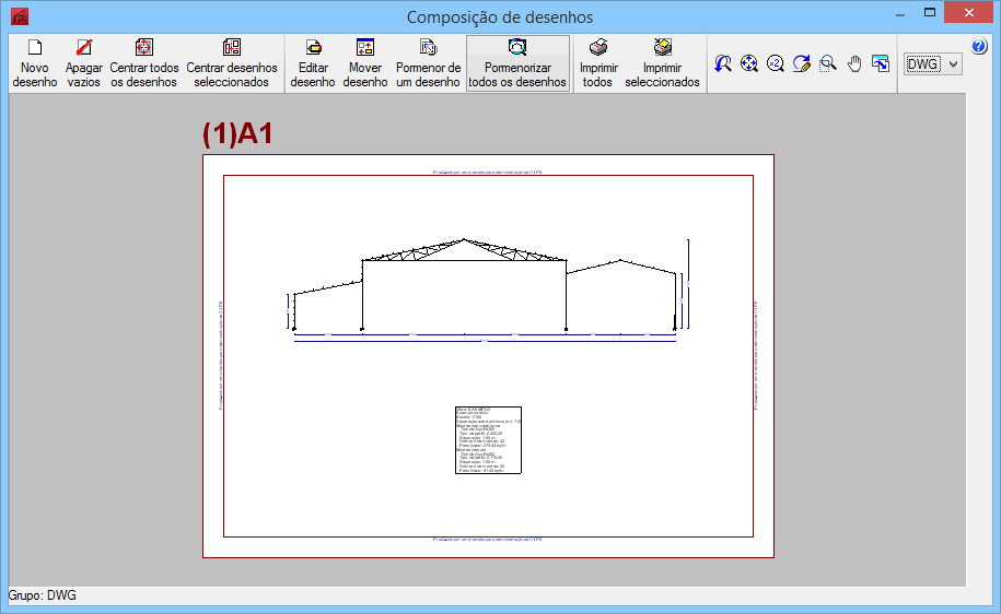 28 Fig. 3.43 O programa gera o desenho. Para visualizá-lo prima no ícone Pormenor de um desenho e prima sobre a folha, ou então prima no ícone Pormenorizar todos os desenhos. Fig. 3.44 Nesta fase, tem a possibilidade de mover textos, através do ícone Editar desenho.