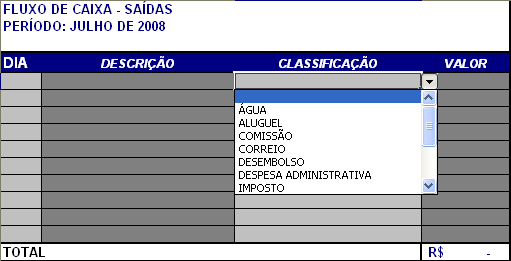 20 disponíveis para serem escolhidas são mostradas em uma janelinha que é aberta quando se seleciona o campo da classificação. Dessa forma, pode-se saber o total de saídas no mês.