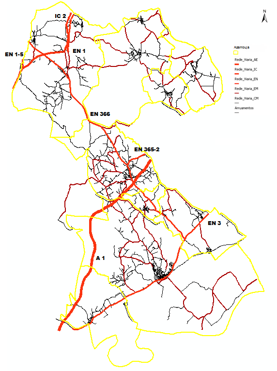 INFORMAÇÃO COMPLEMENTAR 4-28 Figura 22 Rede Viária do município de Azambuja (Fonte: CMA) Analisa-se de seguida as principais vias rodoviárias do município: A 1 atravessa transversalmente o município