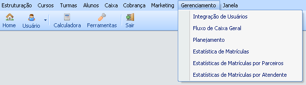 Menu Gerenciamento Contém as telas e relatórios para gerenciamento da escola.