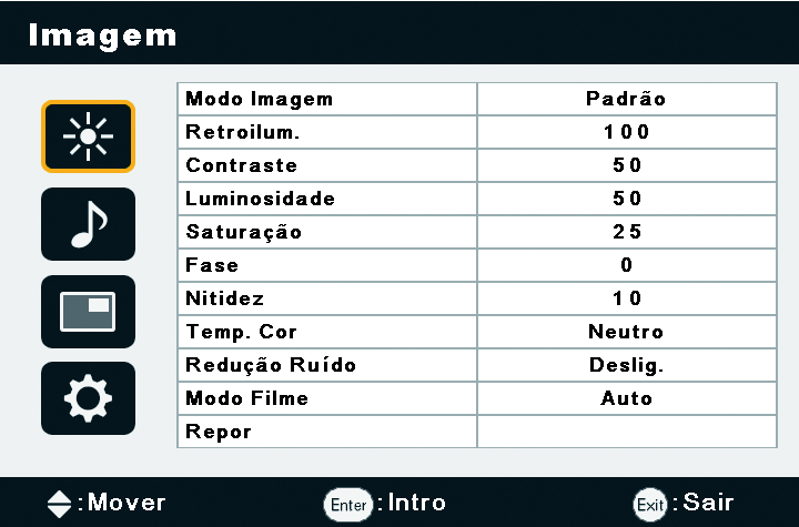 5. Menu Exibição na tela 19 Menu Imagem Nome Modo imagem Retroilum. Contraste Luminosidade Saturação Fase Nitidez Temp. Cor Redução Ruído Modo Filme Repor Descrição Define o modo de exibição.