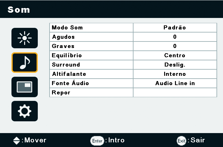 20 5. Menu Exibição na tela Menu Som Nome Modo Som Agudos Graves Equilíbrio Surround Altifalante Descrição Ajuste a saída de som dos alto-falantes. Dinâmico: Aprimora os agudos e os graves.