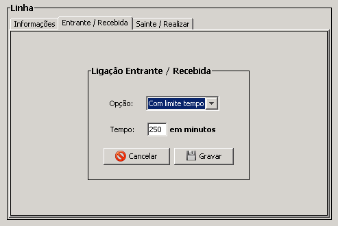 Figura 17: Configurações de ligações recebidas As ligações entrantes podem ser configuradas de acordo com a opção selecionada: A duração da ligação é limitada em minutos (entrada com 3 dígitos, 050