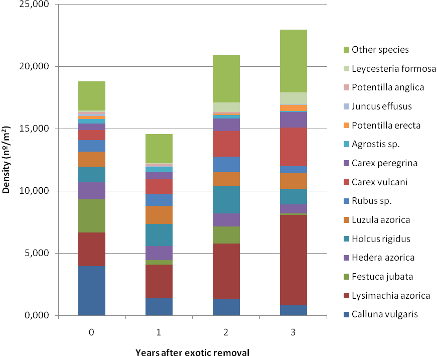 Figura 7. Densidades (nº de plantas/m 2 ) obtidas para as espécies herbáceas tendo em conta os anos decorridos após a remoção de exóticas.