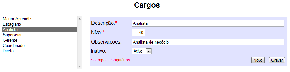 35 que irá responder a avaliação. Como exemplo, é cadastrada uma avaliação de um usuário com o nível do cargo 50.