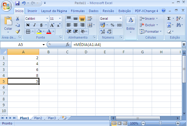45) Observe, na figura abaixo, uma tela do aplicativo Microsoft Excel. Nessa tela, há uma planilha que apresenta valores relacionados na coluna A (células de A1 a A4).