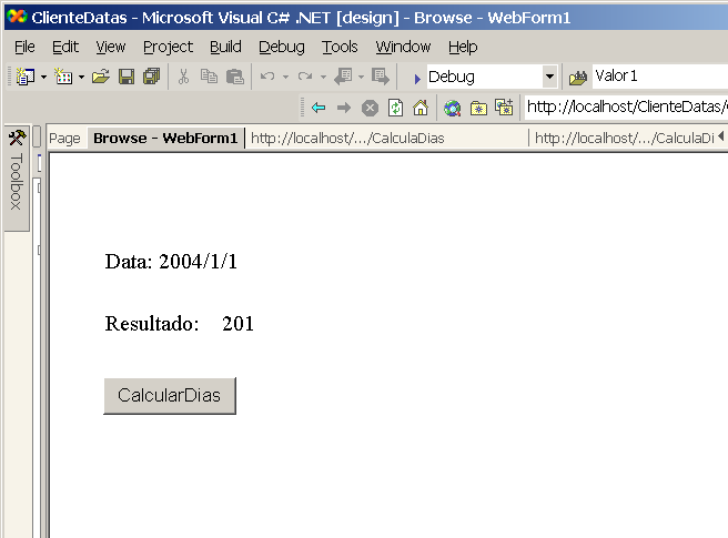 Web Service em.net 7 Implemente o seguinte código no evento click do botão CalculaDias private void ChamarServiço_Click(object sender, System.EventArgs e) localhost.demoservice proxy = new localhost.