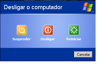 Aparecerá o quadro que nos permite desligar o Windows, e consequentemente, o computador (de notar que o menu sofre apenas ligeiras alterações, consoante a versão do Windows, e apenas no preenchimento