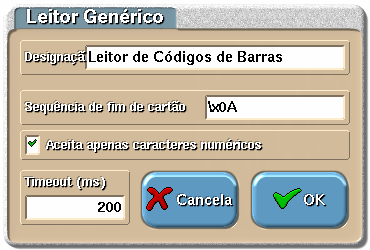 Símbolo - Configuração: Para a configuração deste dispositivo, para além do Nome deve também definir a Sequência do fim de código, ou seja, onde o leitor deve terminar a leitura de um determinado