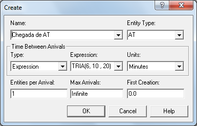 Figura 5: Parâmetros do controle de execução da instalação 1 Para a chegada das entidades, os AT s, foi utilizado o módulo Create, que é responsável pelos parâmetros: entidade, tempo entre as