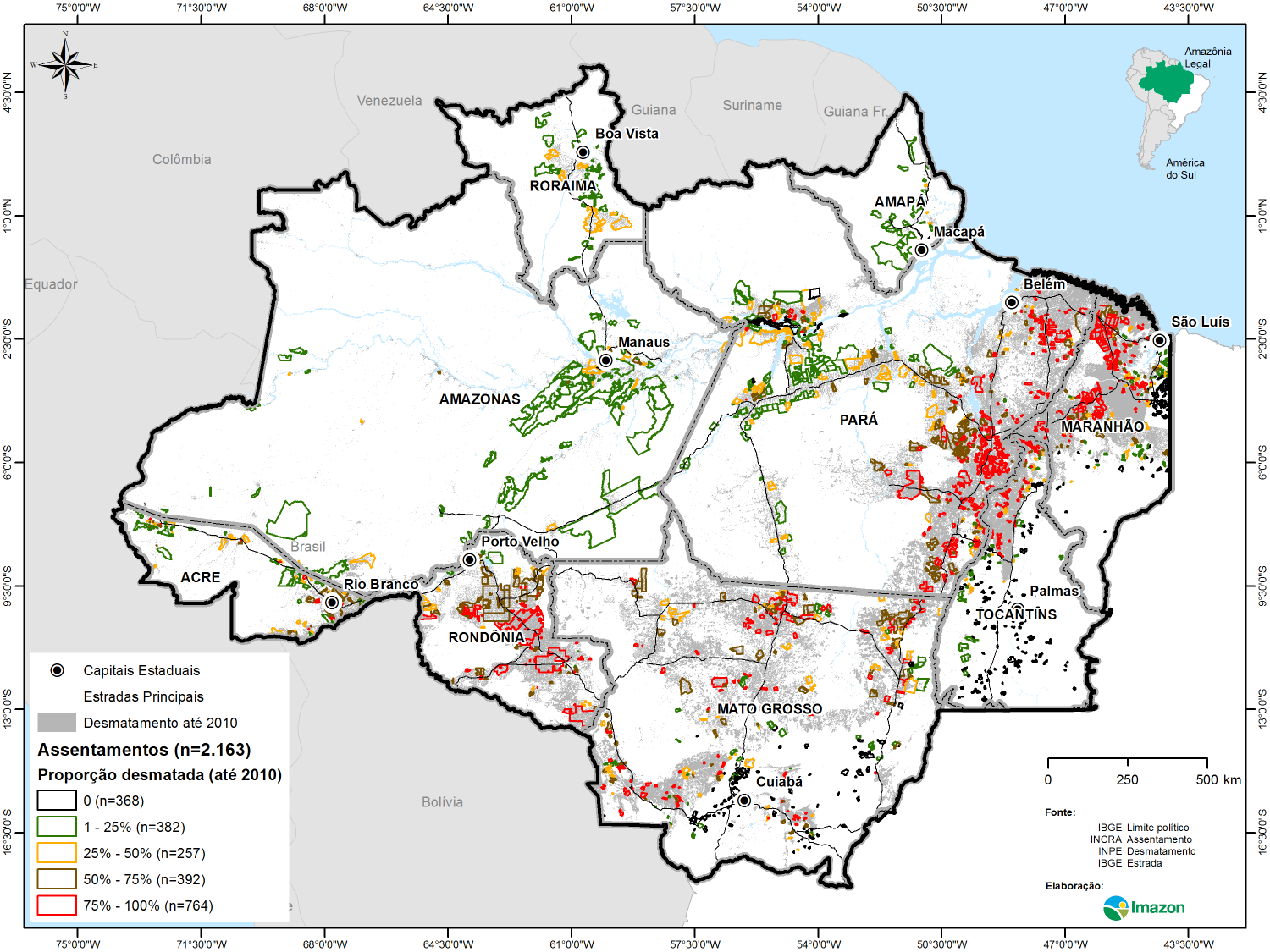 Da imagem é possível extrair a distribuição, ao longo da Amazônia, dos 764 assentamentos cujos níveis de desmatamento enquadram-se no intervalo de 75-100%, os quais foram responsáveis, até o ano de