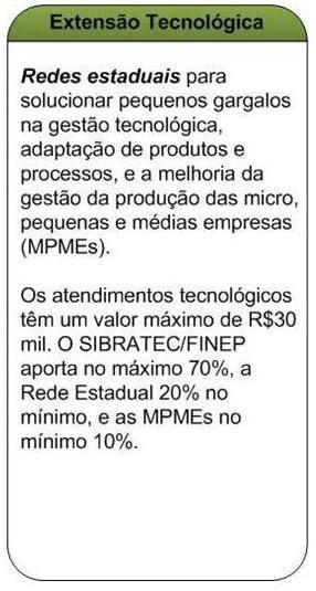 Redes Estaduais de Extensão Tecnológica São formadas por entidades especializadas na extensão tecnológica, atuantes na região, por meio da organização de um arranjo institucional Setores atendidos: