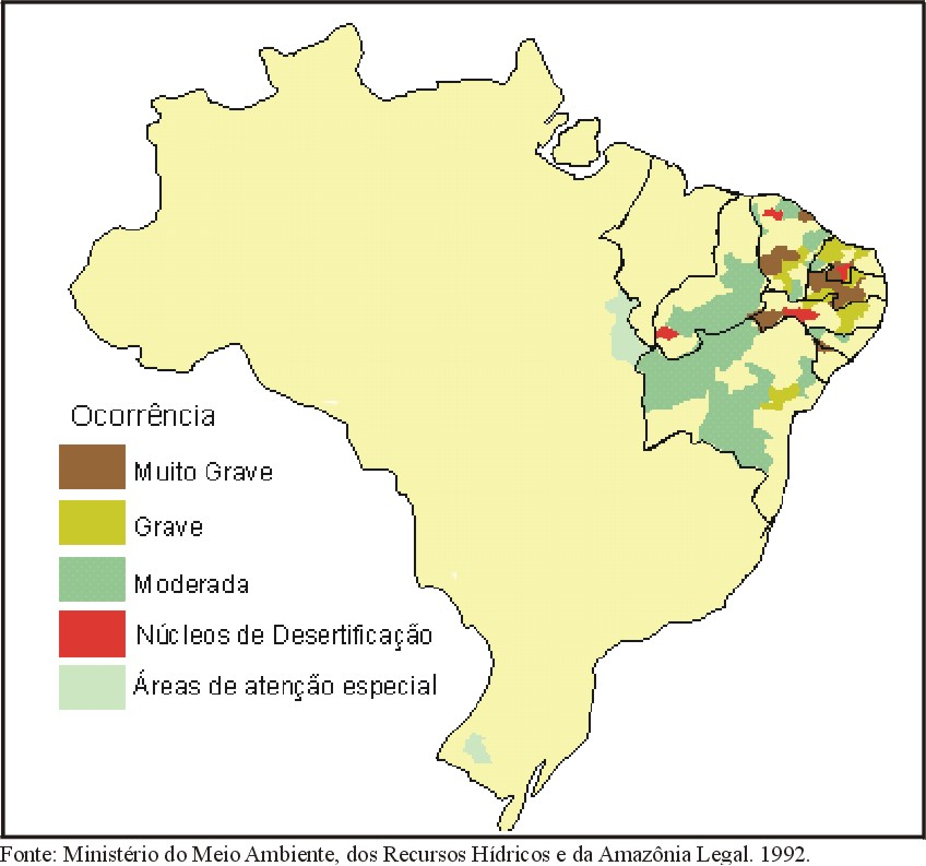 mapa da Figura 5, estão indicados estes núcleos de desertificação e outras áreas, de diferentes estados brasileiros, consideradas de grande risco.