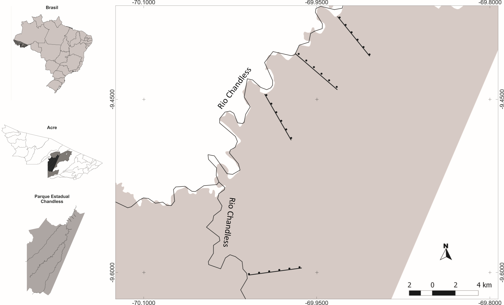 quilômetros entre si, como proposto por Peres & Cunha (2011). As trilhas também estavam distanciadas a cinco km das moradias para evitar possível pressão de caça.