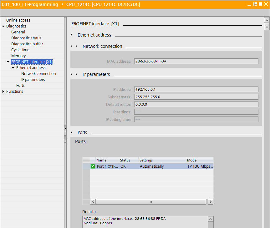 O uso de memória pode ser visto aqui em detalhe. ( Memória) As configurações de rede e o estado da interface PROFINET [X1] também podem ser exibidos.