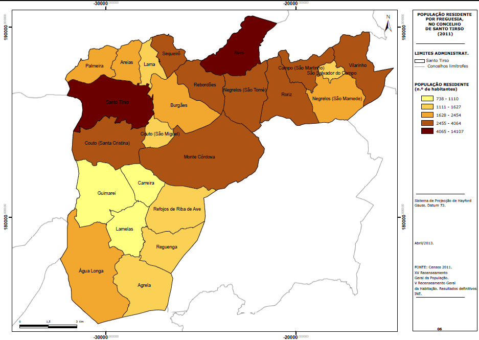 Figura 9 - Carta da População Residente do Concelho de Santo Tirso, 2011. Segundo os Censos de 2011, as freguesias com uma densidade populacional mais elevada são: Santo Tirso (com 1407 hab.