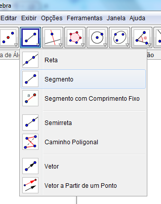 FIGURA 23: Ferramentas do Software Geogebra utilizada para explorar os conceitos de ponto, reta, segmento de reta e ponto médio.