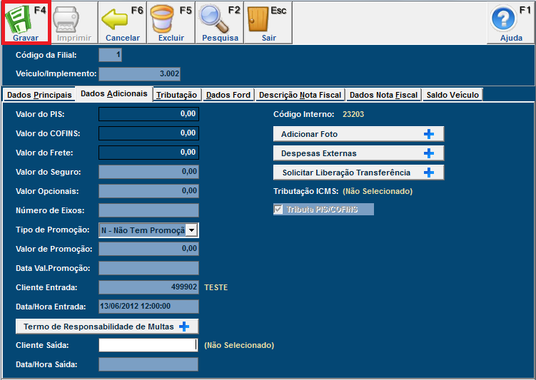 Imagem 01 CV005 Cliente/Data Entrada Por motivos de integridade, após inserir estes dados, deverá ser gravado as alterações.