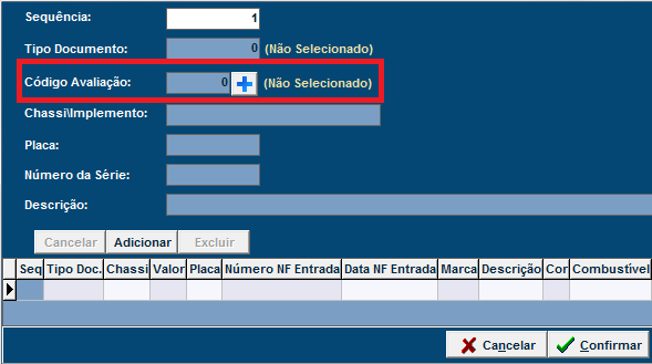 Ao informar o Código da Avaliação todos os dados serão preenchidos conforme a avaliação, podendo estes ser alterados.