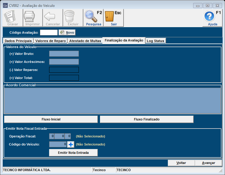 CV002 Avaliação do Veiculo Finalização da Avaliação Valor Bruto: Campo para informar o Valor Bruto do Veículo.