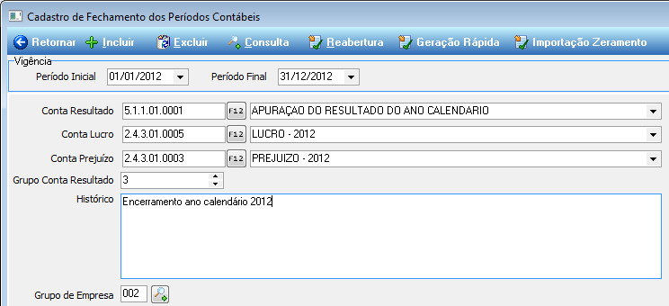 Figura 21 Cadastro do Fechamento dos Períodos Contábeis.