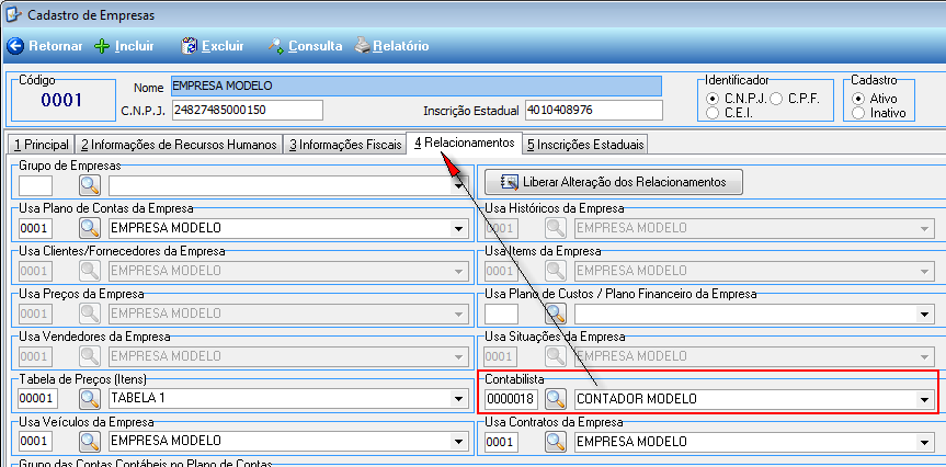 Figura 5 Cadastro da Empresa - Contador. O Contador deve ser cadastrado como um Cliente/Fornecedor para que seja relacionado a Empresa, Figura 6.