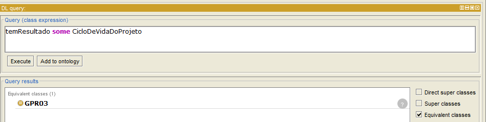 47 Figura 18: Visão parcial das classes construídas automaticamente pelo Reasoner sem apontamento de inconsistência 5.4.3 VERIFICANDO EQUIVALÊNCIAS ATRAVÉS DE CONSULTAS Para verificar a equivalência