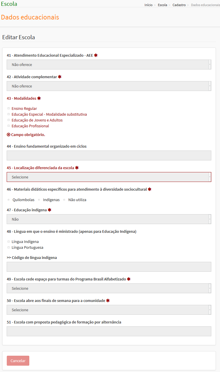 escola, Educação Indígena, Língua em que o ensino é ministrado e Código da Língua Indígena virão preenchidos, confira todas as informações. Se algum campo estiver incorreto, corrija-o.