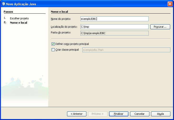 No nome do projeto coloque exemplojdbc; e desmarque a opção: Criar