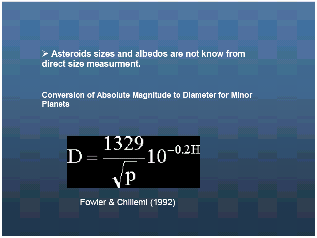 Magnitude e tamanho Magnitude absoluta: é a magnitude visual que um observador registraria se o asteróide estivesse a 1 U.