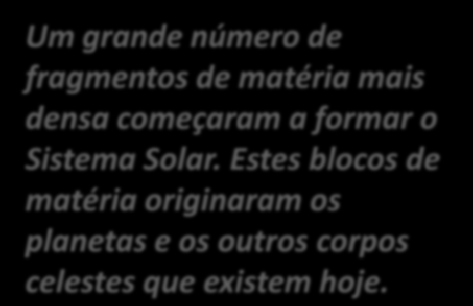 Um grande número de fragmentos de matéria mais densa começaram a formar o