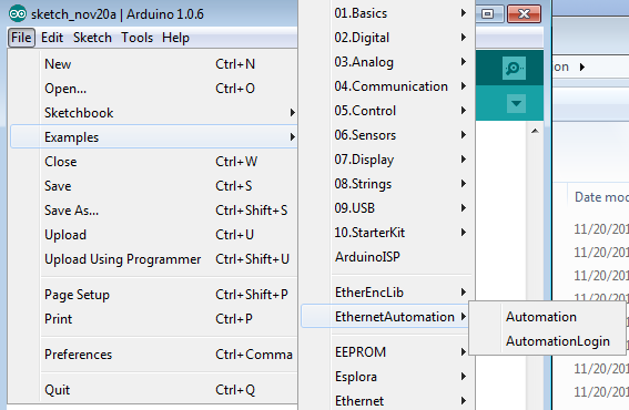 Passo 22 Agora podemos abrir o Arduino IDE e seguir as etapas abaixo: 1 2 3 1. Clique no menu File (Arquivo) 2. Passe o cursor do mouse sobre a opção Examples (Exemplos) 3.