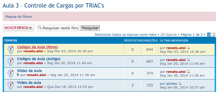 Passo 3 Na página que abrir, localize e clique no Tópico da Aula 3 Controle de Cargas por TRIAC's Passo 4 Agora é só localizar o Tópico do Código.