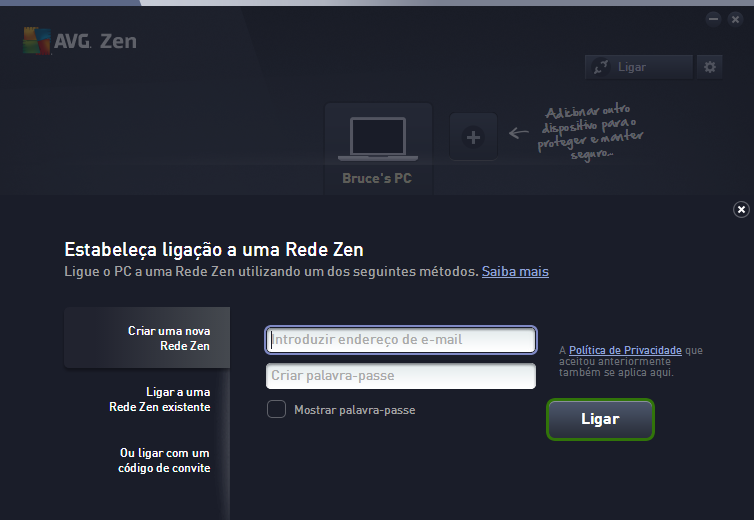 1. Utilize o browser para abrir o site https://myaccount.avg.com/. 2. Clique no botão Criar AVG MyAccount. 3.