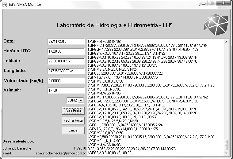 Este software adicional foi desenvolvido com o intuito de se testar as rotinas de detecção de parâmetros emitidos pelo GPS, que serão traduzidas e utilizadas pelo software embarcado no posicionamento