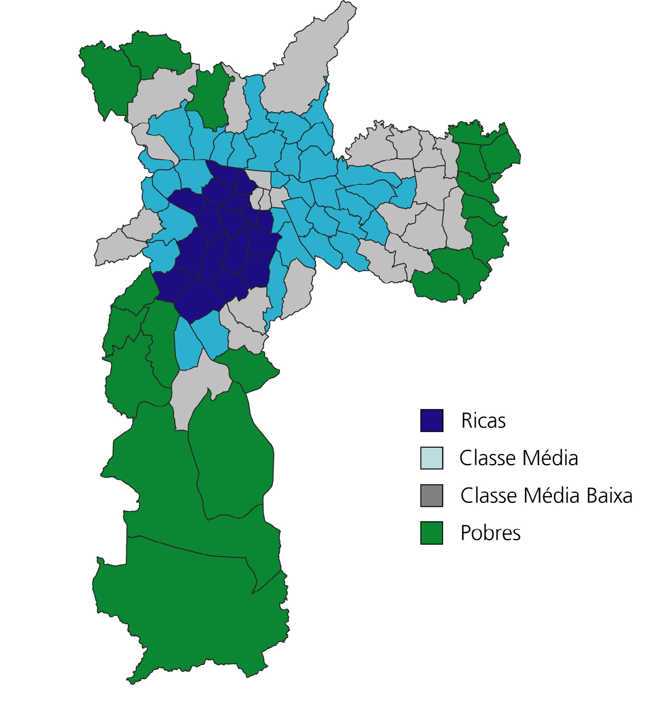 Reorganização da espacialização territorial Para realizar tal reorganização, os 96 distritos administrativos da capital paulista foram agrupados em quatro tipos de área, segundo o grau de
