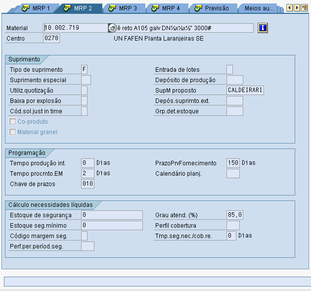 Lote de Compra XXXII ENCONTRO NACIONAL DE ENGENHARIA DE PRODUCAO Figura 7: Imagem da tela de cadastro de um material VB-HB no SAP R/3 Q Material Te reto A105 galvanizado DN