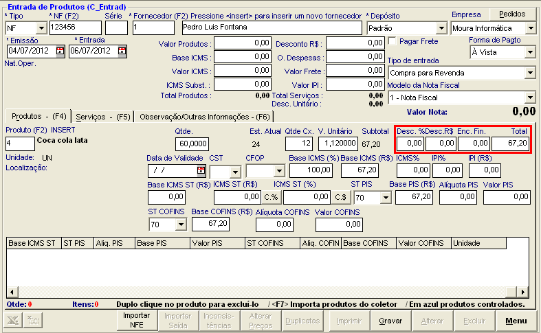 Utilize os campos Desc%, Desc R$ e Enc. Fin.