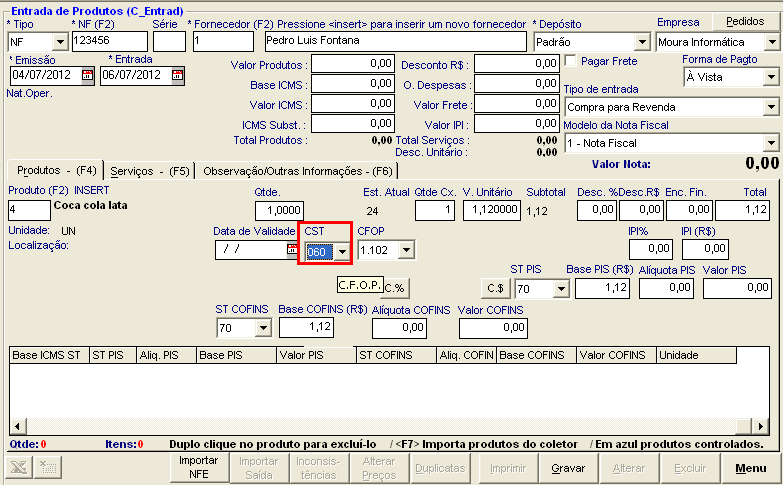 Informe o CST (Código de Situação Tributária do