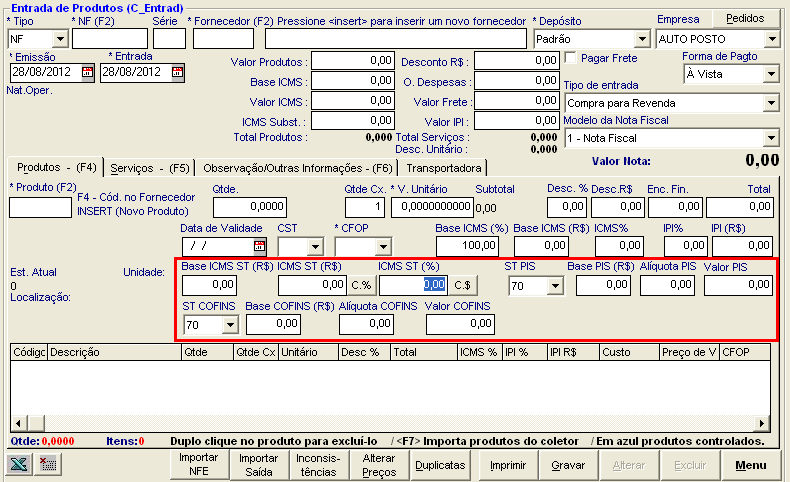 Os dados dos impostos de PIS e COFINS devem ser preenchidos de acordo com os valores informados pelo escritório