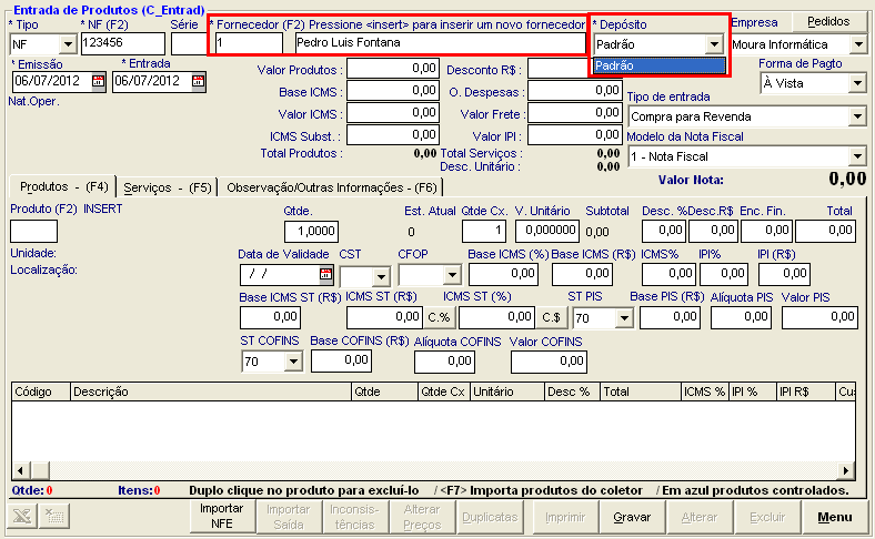 Informe o Fornecedor da nota.