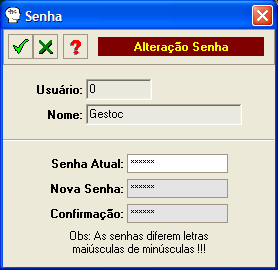 Sistema 9.2 125 Senha Formulário destinado à alteração de senha de acesso para o usuário corrente.