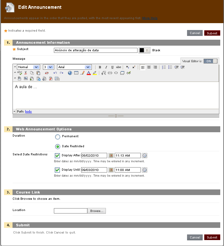 Aceda ao Painel de Controlo e clique em Aviso (Announcement) na caixa Ferramentas da unidade curricular.