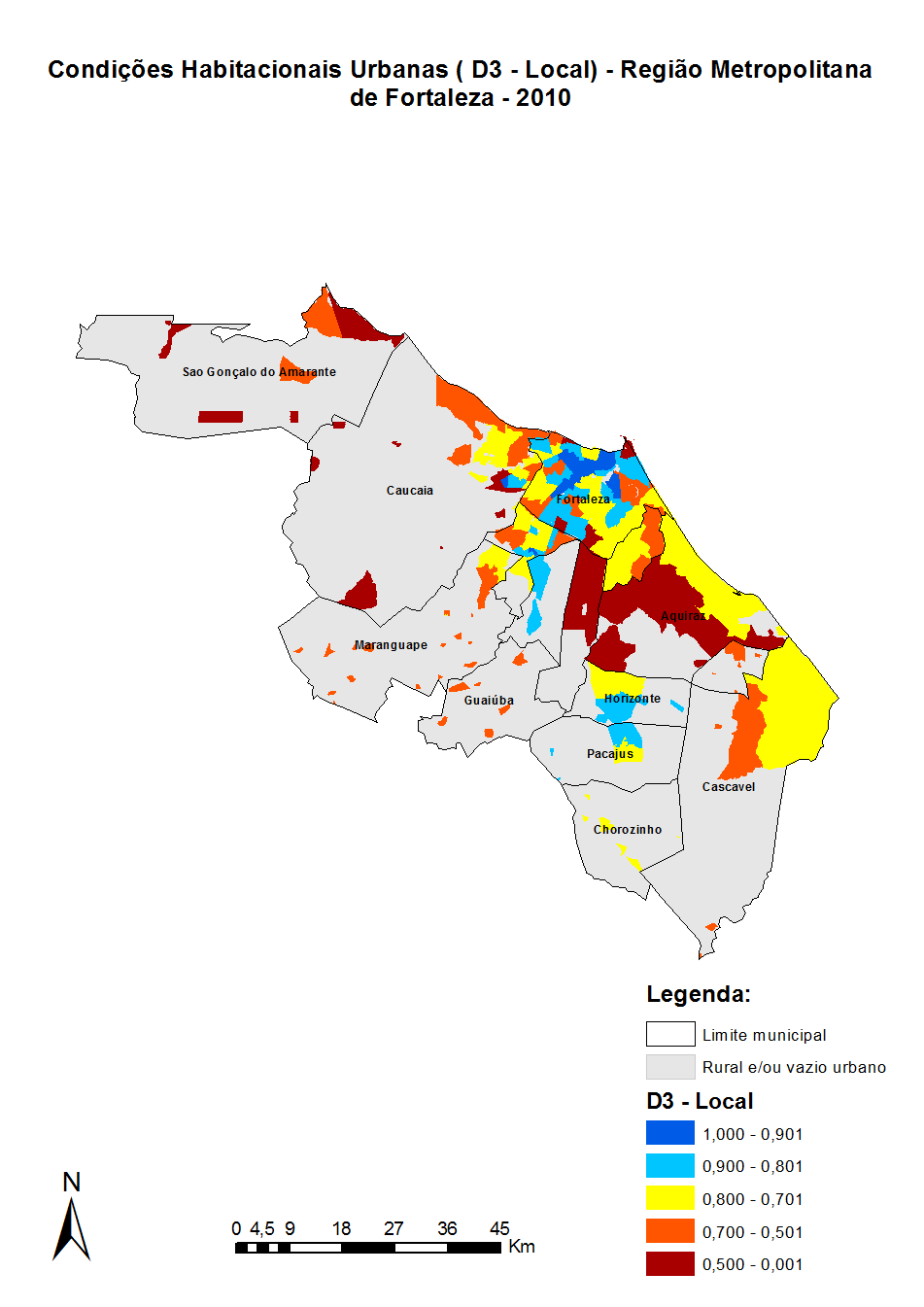 Nos demais municípios metropolitanos os recortes espaciais com índices mais elevados são detectados nos municípios de Caucaia, Maracanaú, Pacatuba, Horizonte e Pacajus.