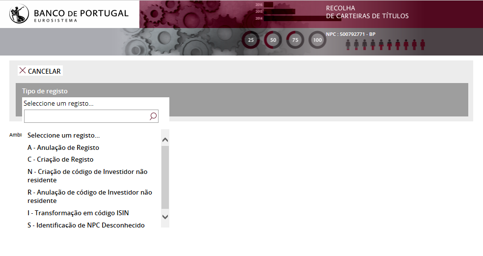 12 BANCO DE PORTUGAL Recolha de Carteira de Títulos Investidor não residente Transformação em código ISIN Identificação de NPC desconhecido A seleção do tipo de Registo Especial é feita através do