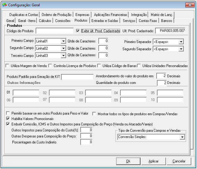 2.34.5. Guia Produtos Código do produto: Podemos definir neste campo a máscara do código de produto a ser utilizada. Informe 9 para números e A para letras.